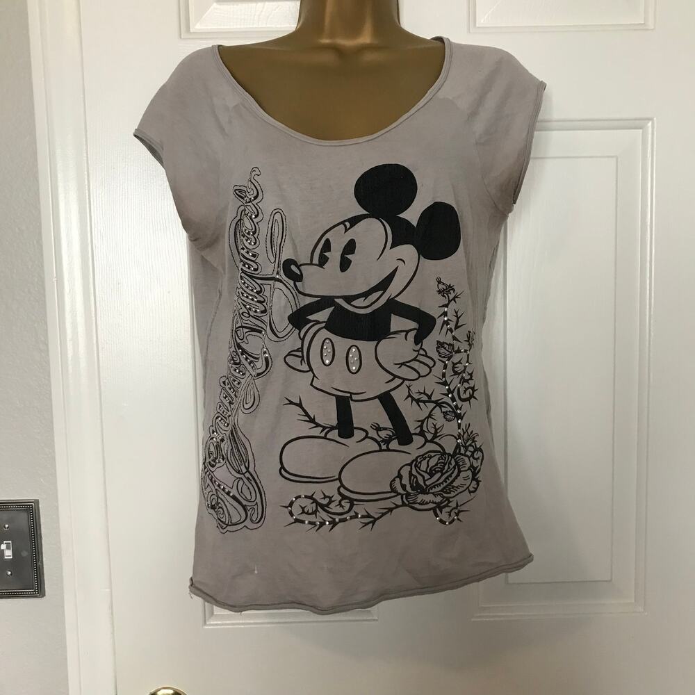 Disney Mickey Mouse Y2K Graphic Cap Sleeve Tee Gray Women's Small Casual Top